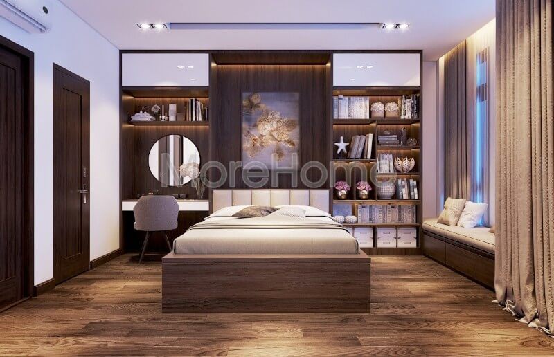 ngủ Bàn trang điểm đẹp được đặt bên cạnh kệ trang trí là nét đặc trưng của phòng ngủ.