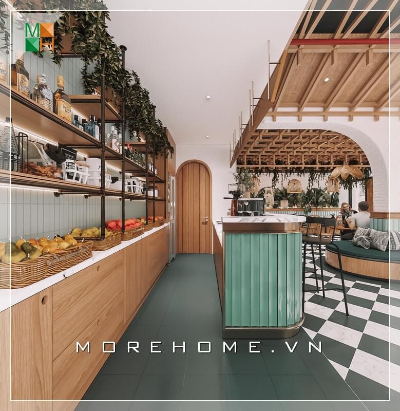 . Quán cafe được thiết kế với quầy đựng thực phẩm từ gỗ công nghiệp kết hợp với khung sắt, được bố trí hợp lý và gọn gàng, giúp cho việc lấy đồ dễ dàng và khách hàng có thể thấy được sự tươi ngon của thực phẩm.