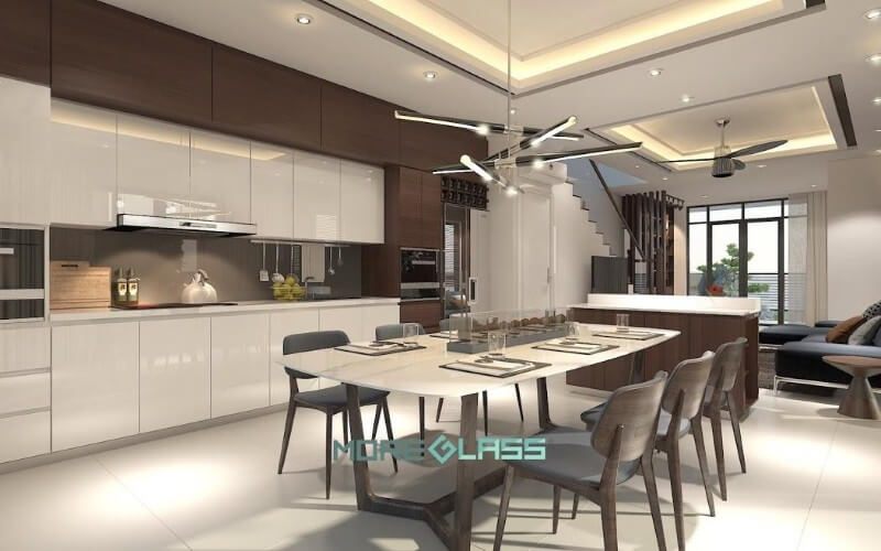 Mẫu kính bếp MG-035 có tông màu đậm, hài hòa với bộ bàn ghế ăn, tạo nên một cảm giác tao nhã.